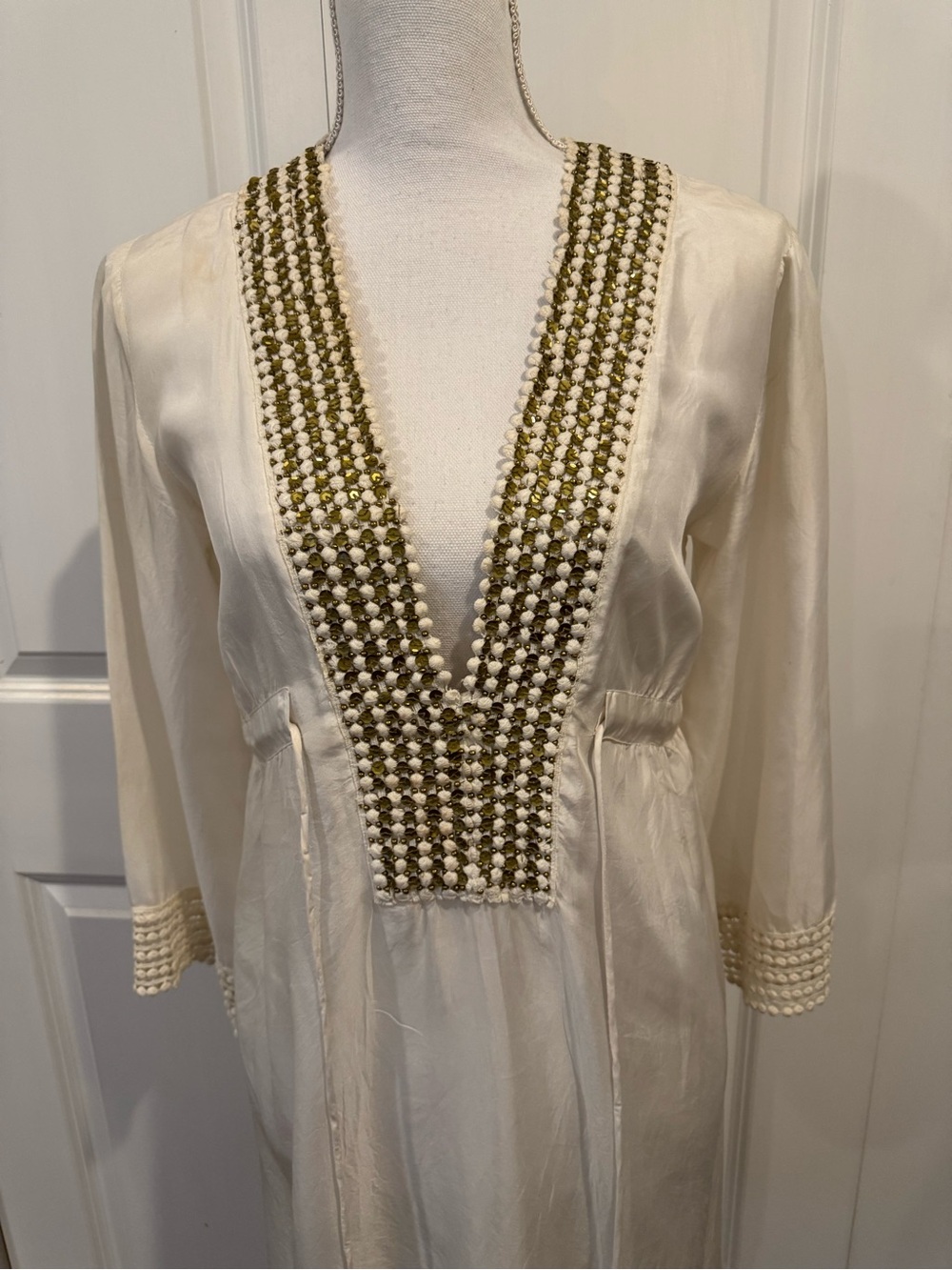 DESPI 100% Silk Beaded Swim Cover Up Tunic Dress Ivory Resort Boho Size M - Picture 3 of 15
